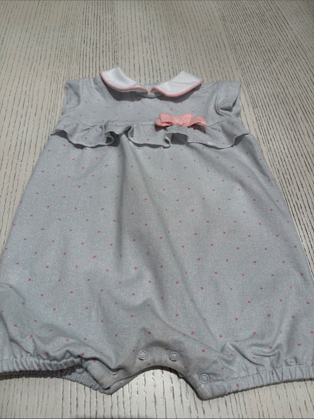 Mayoral Grey and Pink Heart Print Knit Romper with Pink Trim and Bow
